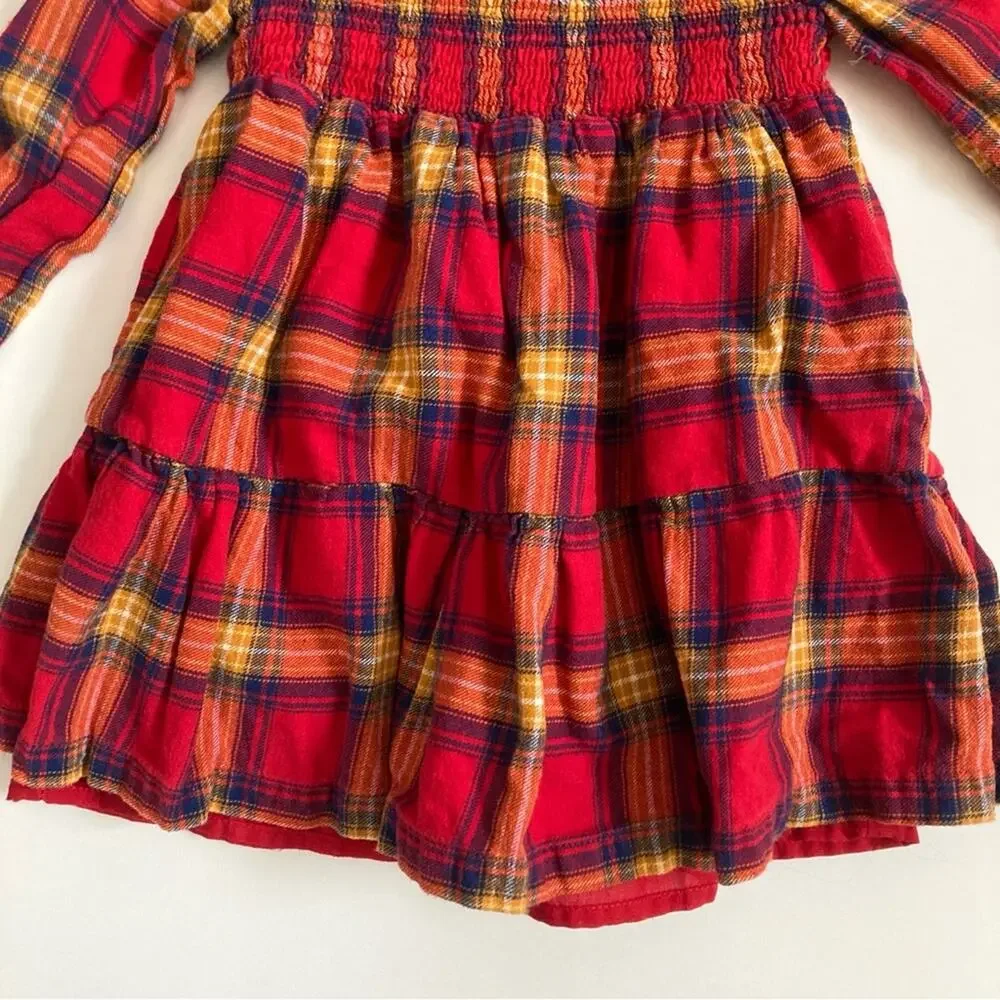 Tahari Plaid Red Yellow Long Sleeve Seersucker Apple Button Dress Toddler 2T